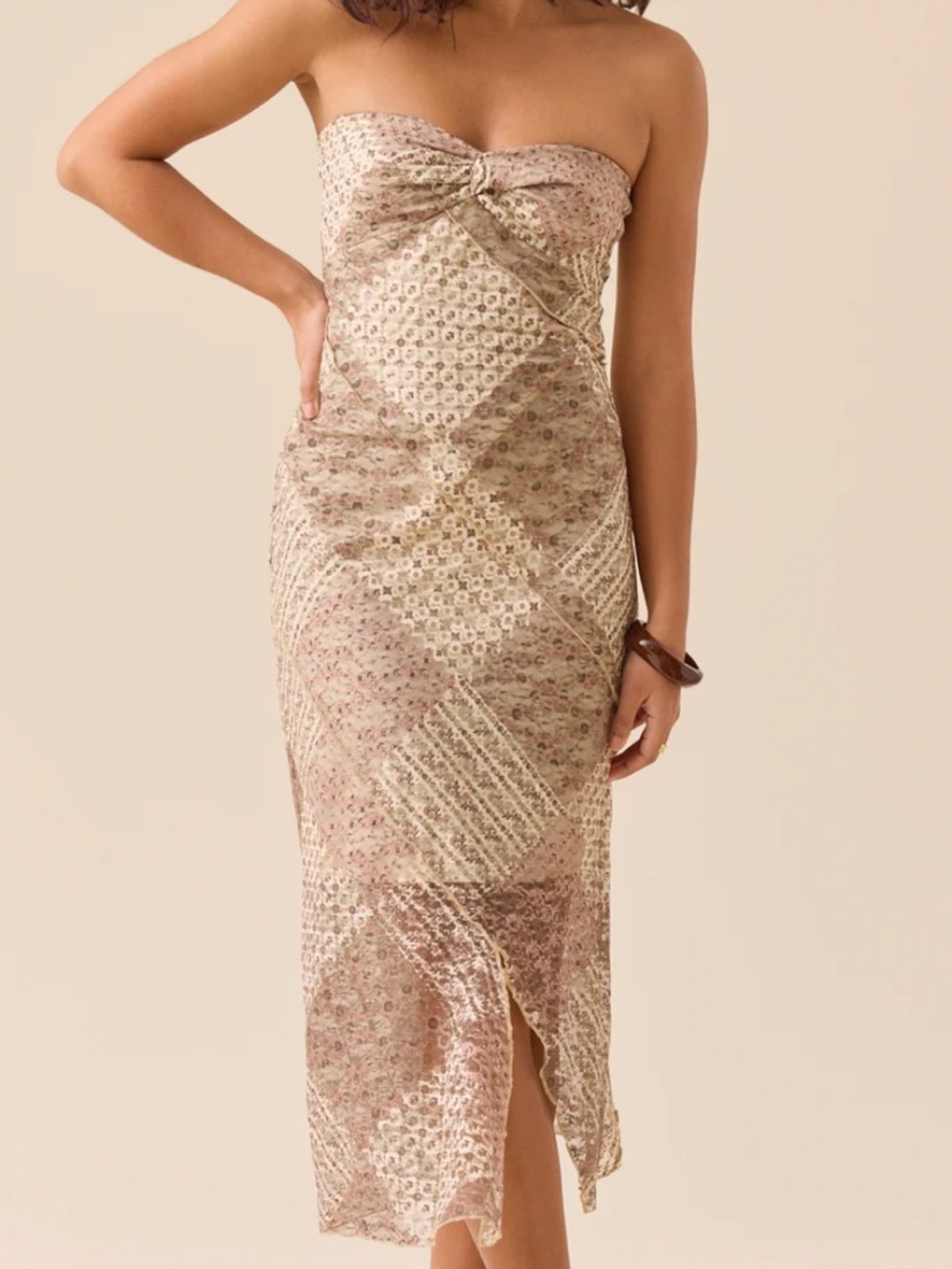 NWT- Altar'd State Beige & Cream Strapless Twist Lace Patchwork Midi Dress